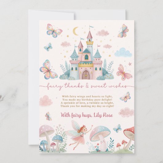 Whimsical Fairy Eerste Verjaardag Roze Kasteel Kin Bedankkaart (Voorkant)