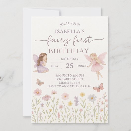 Whimsical Fairy Eerste Verjaardag Uitnodigen Kaart (Voorkant)