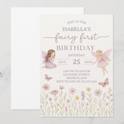 Whimsical Fairy Eerste Verjaardag Uitnodigen Kaart (Voorkant / Achterkant)