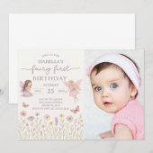 Whimsical Fairy Eerste Verjaardag Uitnodigen met f Kaart (Voorkant / Achterkant)