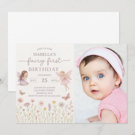 Whimsical Fairy Eerste Verjaardag Uitnodigen met f Kaart (Voorkant / Achterkant)