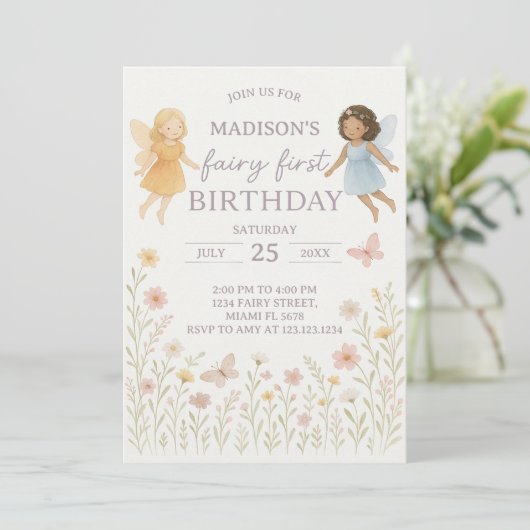 Whimsical Fairy Eerste Verjaardag Uitnodiging (Staand voorkant)