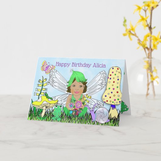 Whimsical Fairy Elf op Magic Mushroom Birthday Kaart (Gele Bloem)