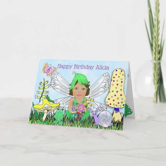 Whimsical Fairy Elf op Magic Mushroom Birthday Kaart (Voorkant)