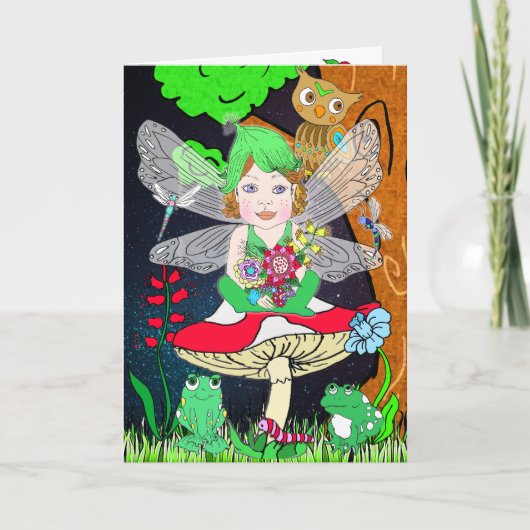 Whimsical Fairy Elf op Magic Mushroom Birthday Kaart (Voorkant)