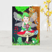 Whimsical Fairy Elf op Magic Mushroom Birthday Kaart (Gele Bloem)