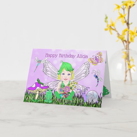 Whimsical Fairy Elf op Magic Mushroom Birthday Kaart (Gele Bloem)