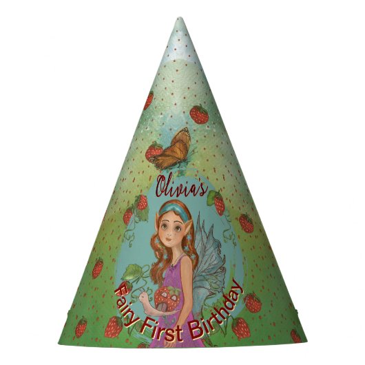 Whimsical Fairy en aardbei verjaardagsfeestje Pet Feesthoedjes (Voorkant)