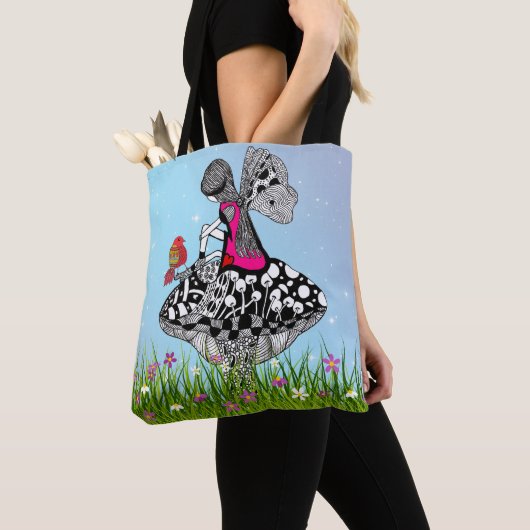 Whimsical Fairy en een Bird Canvas tas (Dichtbij)
