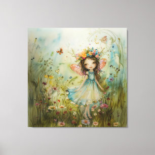 Whimsical Fairy en Wildbloemen Canvas Afdruk