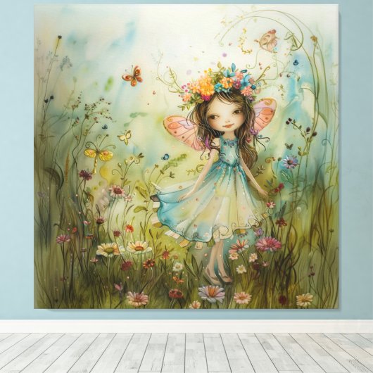Whimsical Fairy en Wildbloemen Canvas Afdruk (Insitu (Houten vloer))