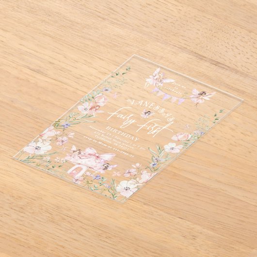 Whimsical Fairy First Birthday Enchanted forest Acryl Uitnodigingen (Laagn)