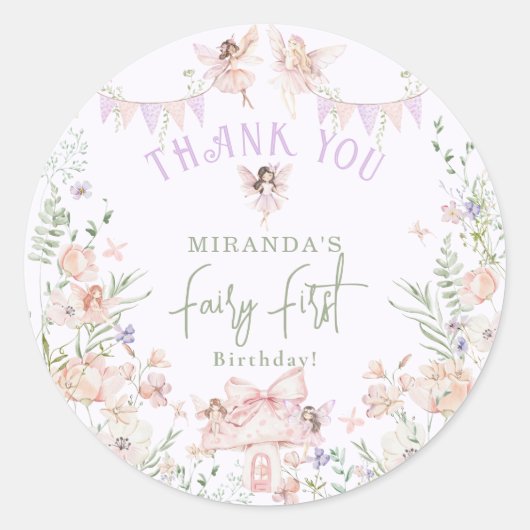 Whimsical Fairy First Birthday Pastel Thank You Ronde Sticker (Voorkant)
