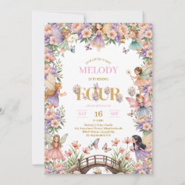 Whimsical Fairy flower 4th birthday Invitation Kaart