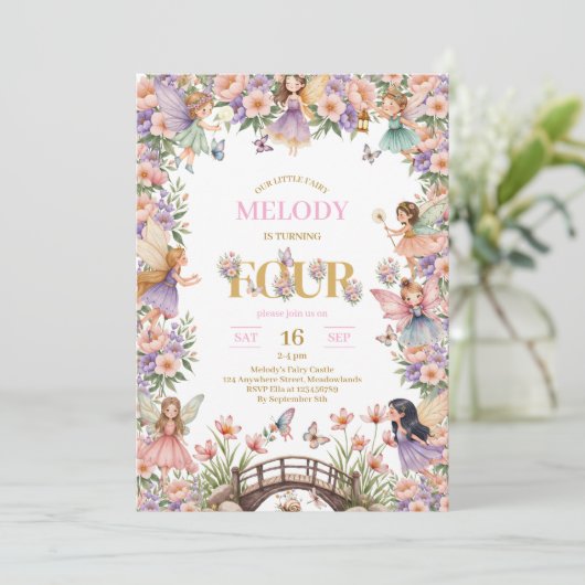 Whimsical Fairy flower 4th birthday Invitation Kaart (Staand voorkant)