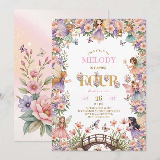 Whimsical Fairy flower 4th birthday Invitation Kaart (Voorkant / Achterkant)