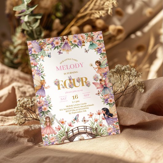 Whimsical Fairy flower 4th birthday Invitation Kaart