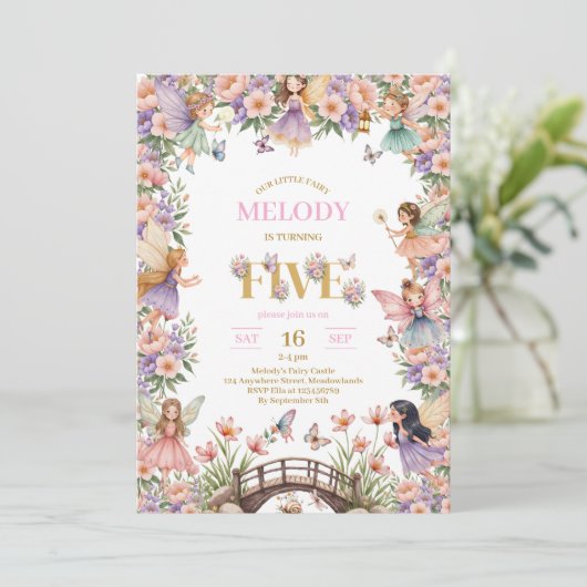 Whimsical Fairy flower 5th birthday Invitation Kaart (Staand voorkant)