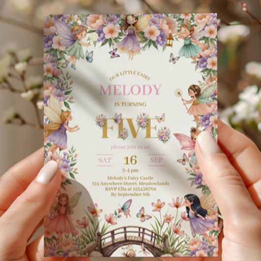 Whimsical Fairy flower 5th birthday Invitation Kaart