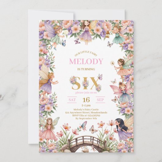 Whimsical Fairy flower 6th birthday Invitation Kaart (Voorkant)