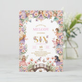 Whimsical Fairy flower 6th birthday Invitation Kaart (Staand voorkant)