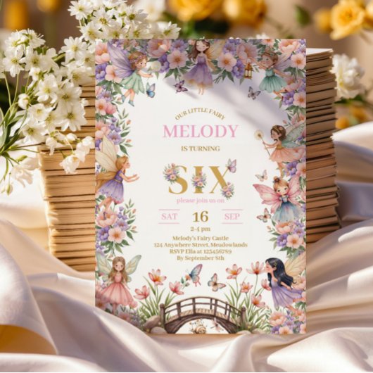 Whimsical Fairy flower 6th birthday Invitation Kaart