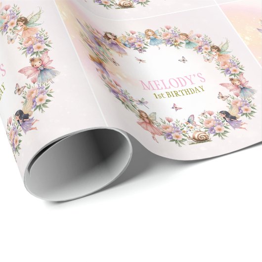 Whimsical fairy garden 1st birthday  cadeaupapier (Rol Hoek)