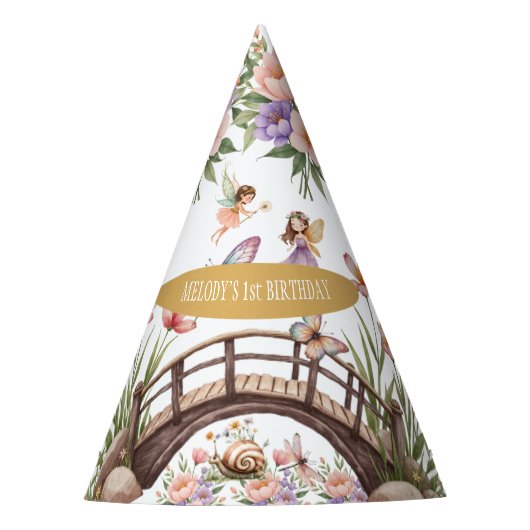 Whimsical fairy garden 1st birthday  feesthoedjes (Voorkant)