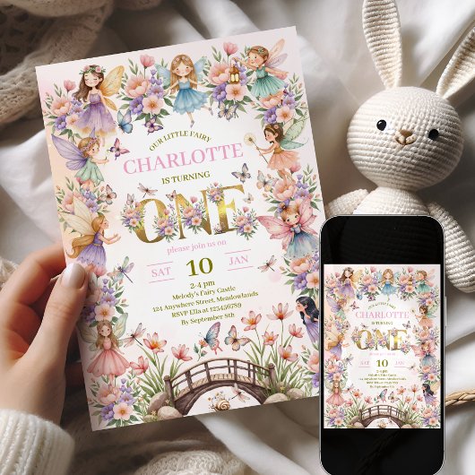 Whimsical fairy garden 1st birthday Invitation Kaart