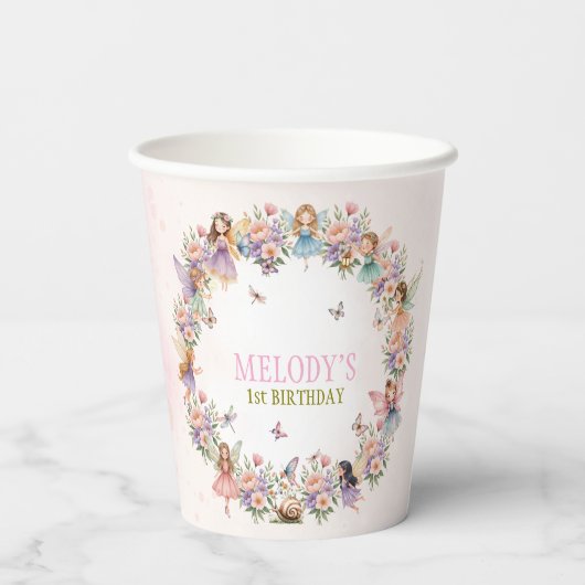 Whimsical fairy garden 1st birthday  papieren bekers (Achterkant)