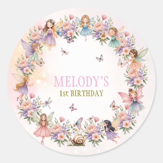 Whimsical fairy garden 1st birthday  ronde sticker (Voorkant)