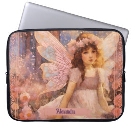 Whimsical Fairy in Dreamy Pink Floral Garden Laptop Sleeve