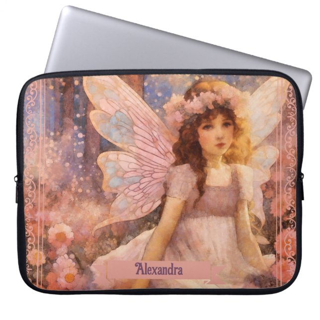 Whimsical Fairy in Dreamy Pink Floral Garden Laptop Sleeve (Voorkant)