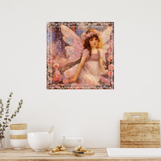 Whimsical Fairy in Dreamy Pink Floral Garden Poster (Keuken)