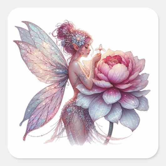 Whimsical Fairy met een oversized bloem Vierkante Sticker (Voorkant)