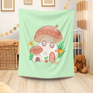 Whimsical Fairy Mushroom House Green Fleece Deken