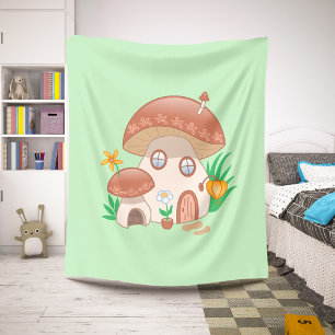 Whimsical Fairy Mushroom House Green Sherpa Deken