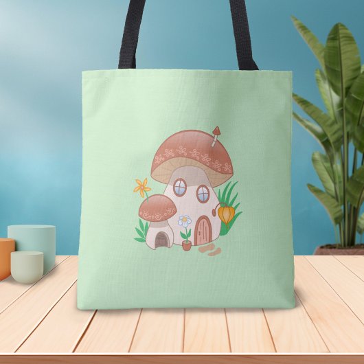 Whimsical Fairy Mushroom House Green Tote Bag