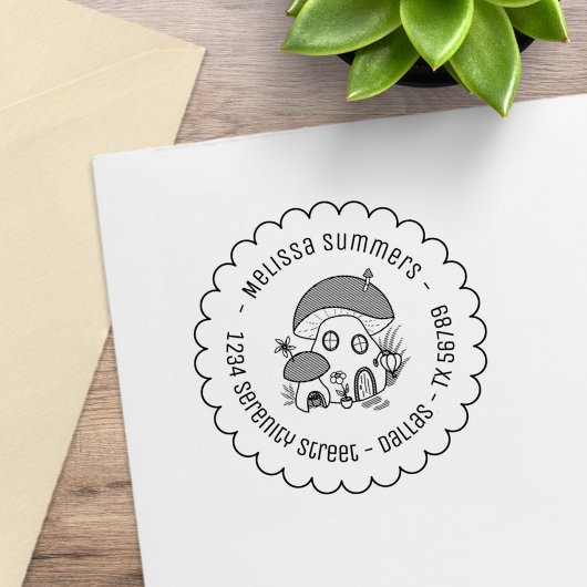 Whimsical Fairy Mushroom House Scalloped Address Rubberstempel