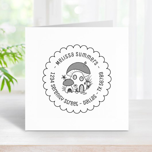 Whimsical Fairy Mushroom House Scalloped Address Rubberstempel