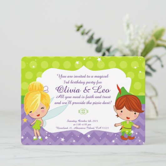 Whimsical Fairy Party-uitnodiging voor tweeling Kaart (Staand voorkant)