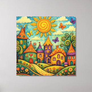 Whimsical Fairy Tale Village Colorful Canvas Art Afdruk