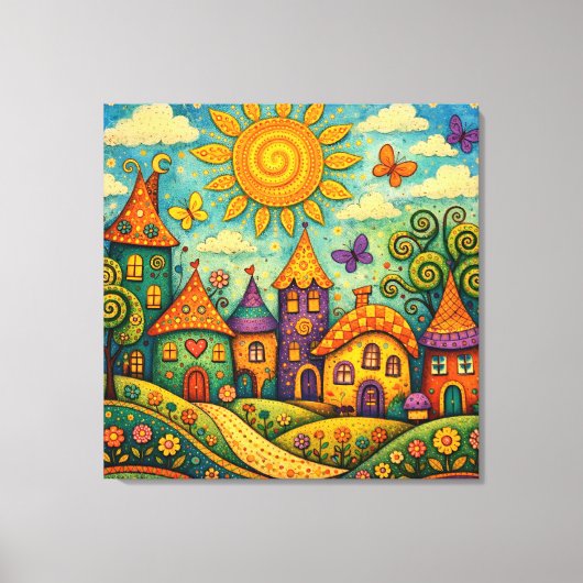 Whimsical Fairy Tale Village Colorful Canvas Art Afdruk (Voorkant)