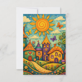 Whimsical Fairy Tale Village Colorful Canvas Art Bedankkaart