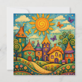 Whimsical Fairy Tale Village Colorful Canvas Art Bedankkaart