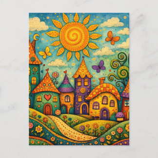 Whimsical Fairy Tale Village Colorful Canvas Art Briefkaart