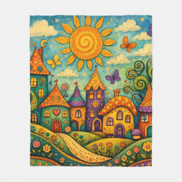 Whimsical Fairy Tale Village Colorful Canvas Art Fleece Deken