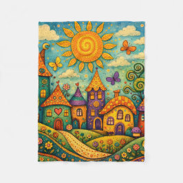 Whimsical Fairy Tale Village Colorful Canvas Art Fleece Deken