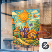 Whimsical Fairy Tale Village Colorful Canvas Art Raamsticker (Cafe Raam)