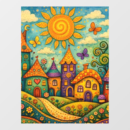Whimsical Fairy Tale Village Colorful Canvas Art Raamsticker (Vel)